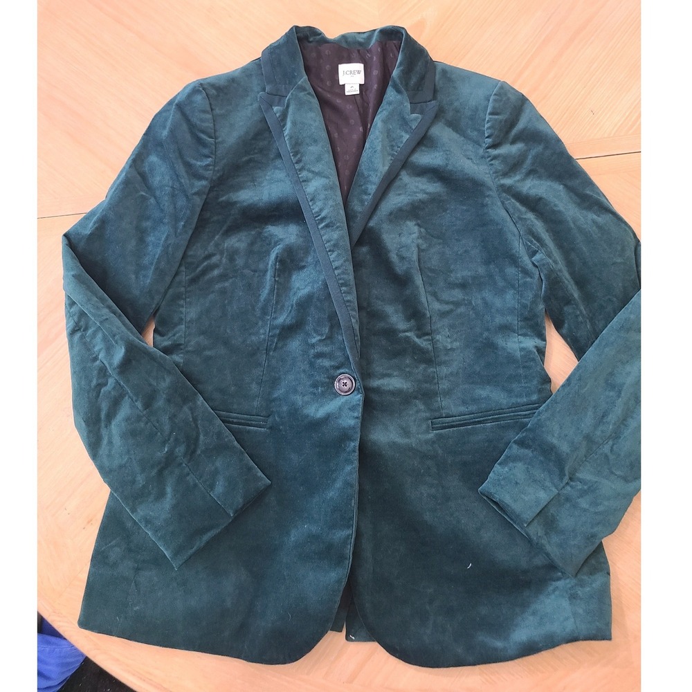J.Crew Velvet Blazer Womens 6 Dark Green Good Grosgrain Trim Notched Lapel